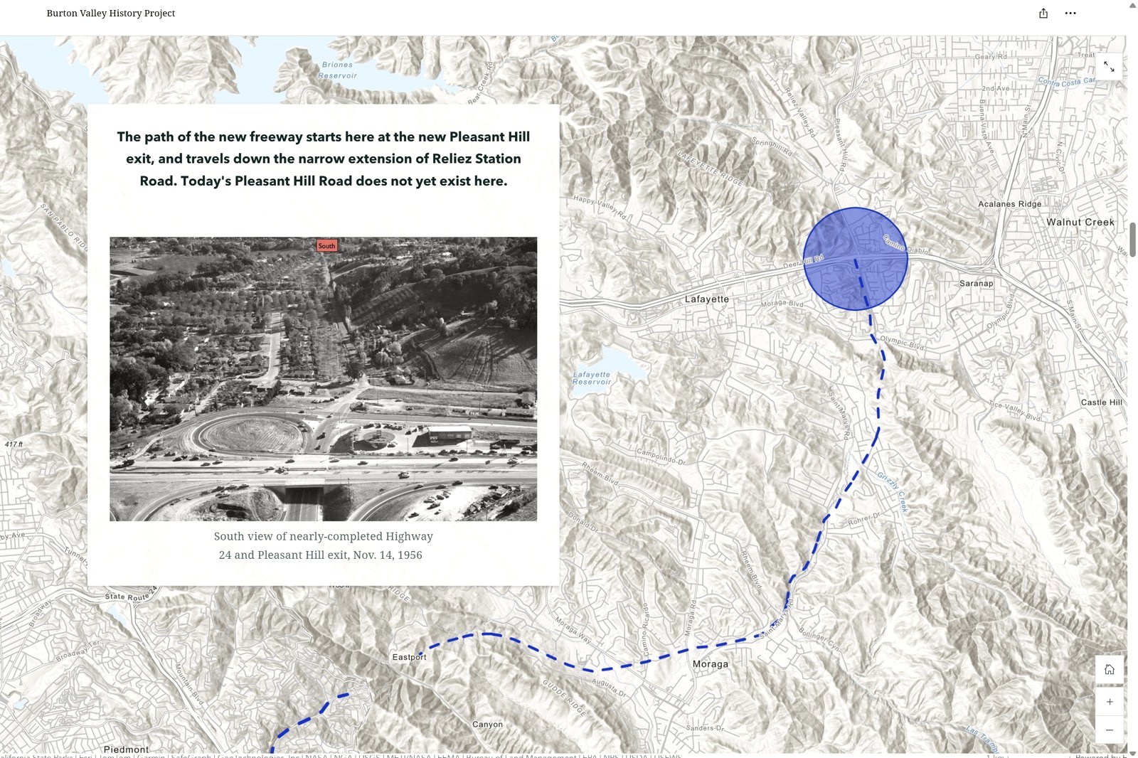 Screenshot of the Burton Valley History Project StoryMap showing an archival photo of a 1956 highway interchange overlaid on a topographic map of the East Bay corridor.