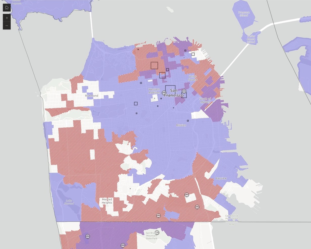 Screenshot of the VoterForce precinct map showing San Francisco with colored precinct overlays and a layer control panel.