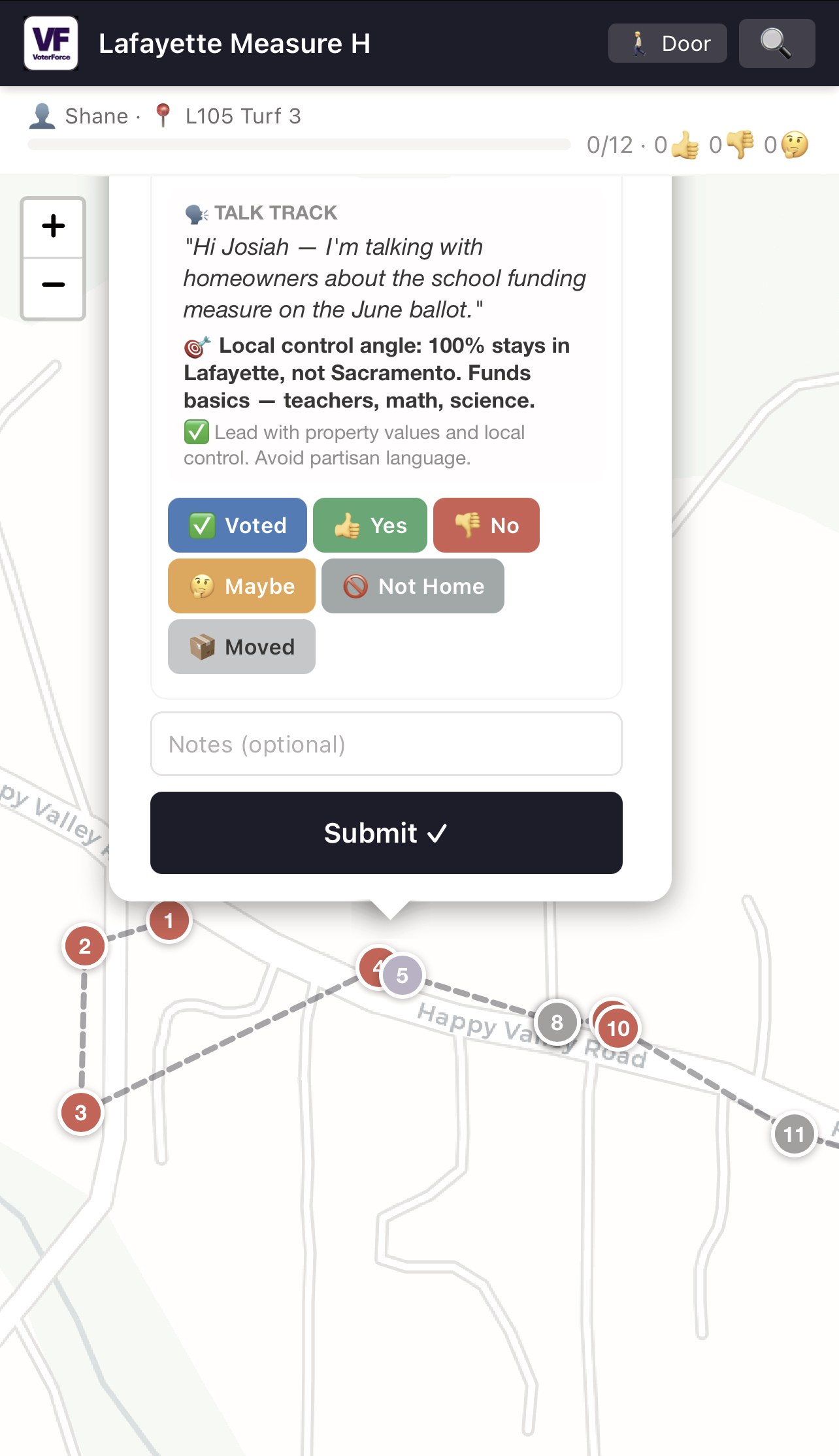 Screenshot of the StrongSchools Walk canvasser app on a mobile phone, showing a voter detail card with talk-track copy and tap-action buttons over a map of canvassing stops.