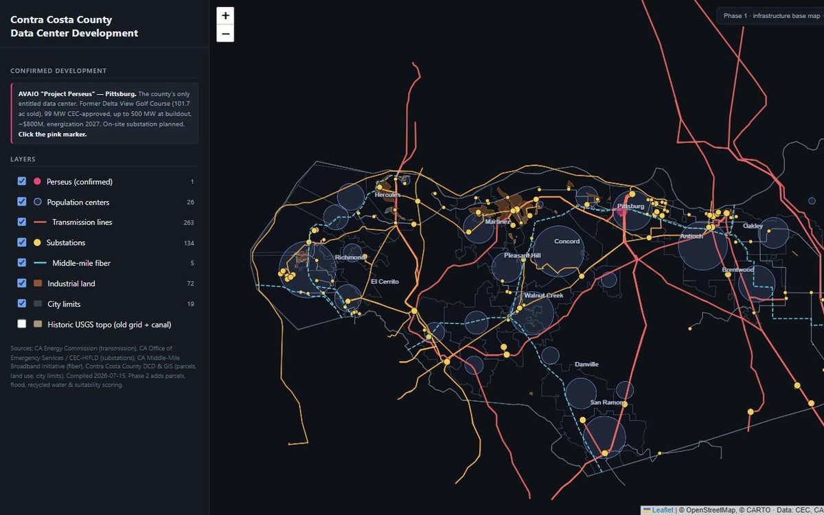Dark map of Contra Costa County showing transmission lines, substations and industrial land.