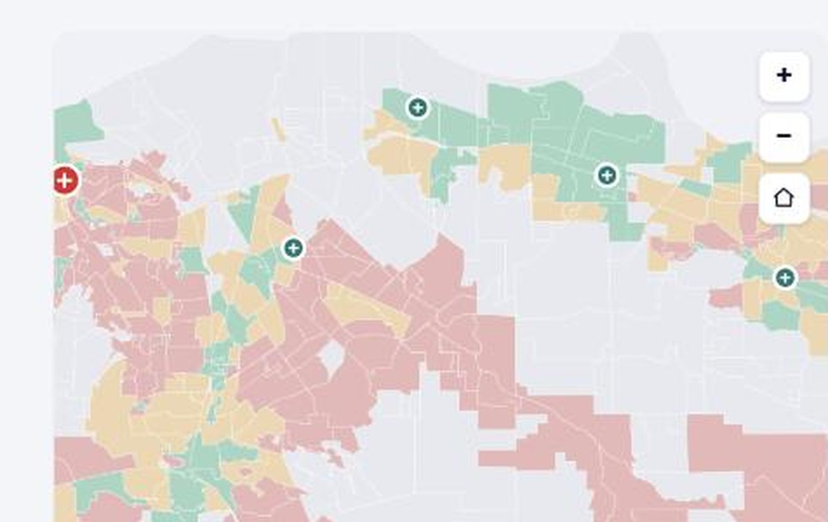 Choropleth of Contra Costa voting precincts shaded by Measure B result, with hospital markers.