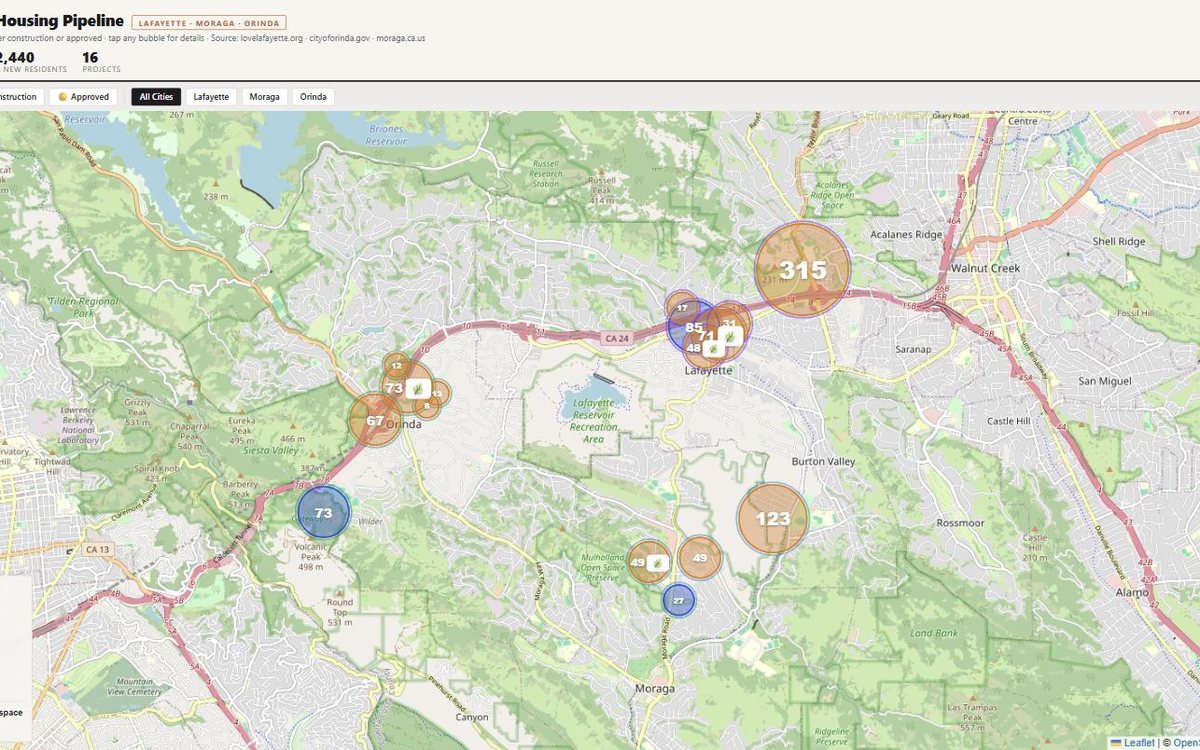 Map of residential projects across Lafayette, Moraga and Orinda, bubble-sized by unit count.