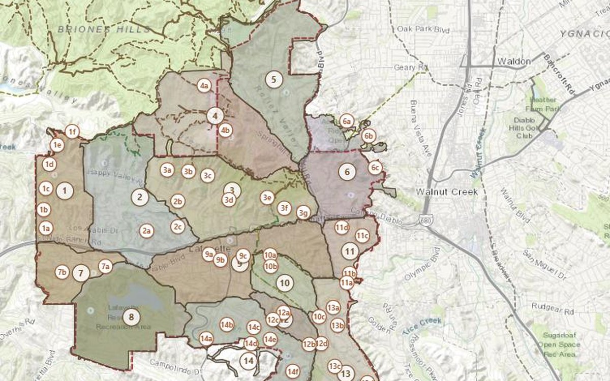 Map of Lafayette showing the 15 numbered trail areas of the draft Trails Plan, with sub-trail markers.