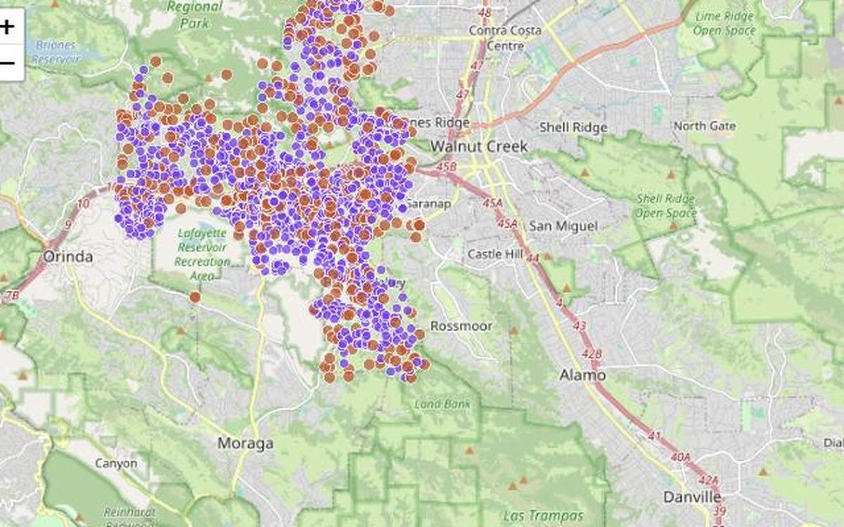 Map of Lafayette-area parcels flagged as potential vacancy, colored by tier.